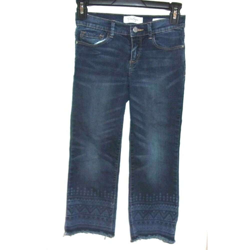 Jessica Simpson Cherish Cropped Flare Blue Jeans Girls Size 10‎ Aztec Frayed Hem